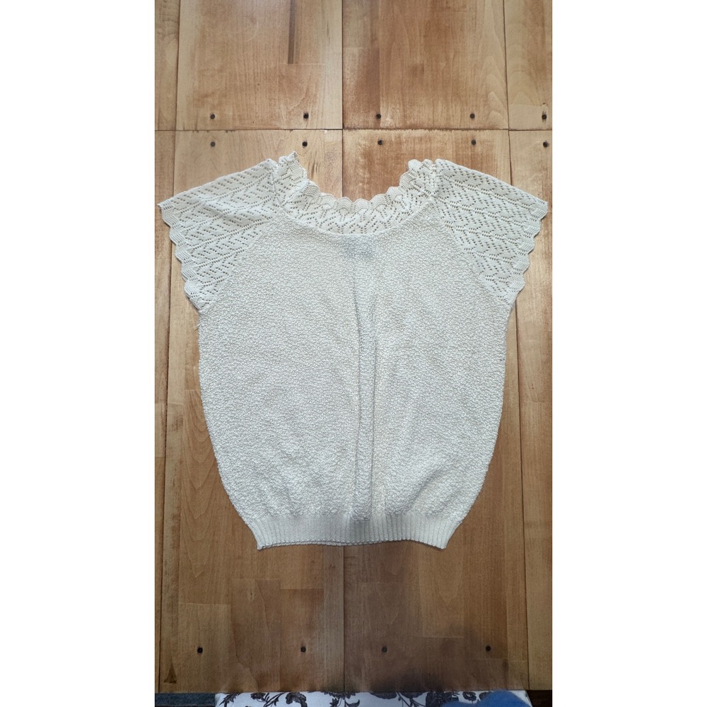 Adele Knitwear Vintage Cream Crochet Pointelle Short Sleeve Sweater Made in USA